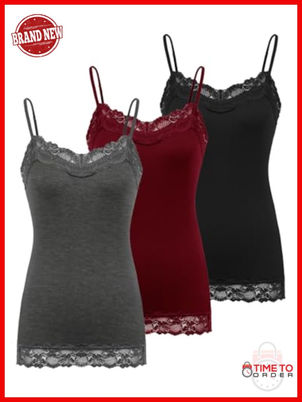 Women's Lace Trim V-Neck Adjustable Spaghetti Strap Cami Tunic 3 Pack
